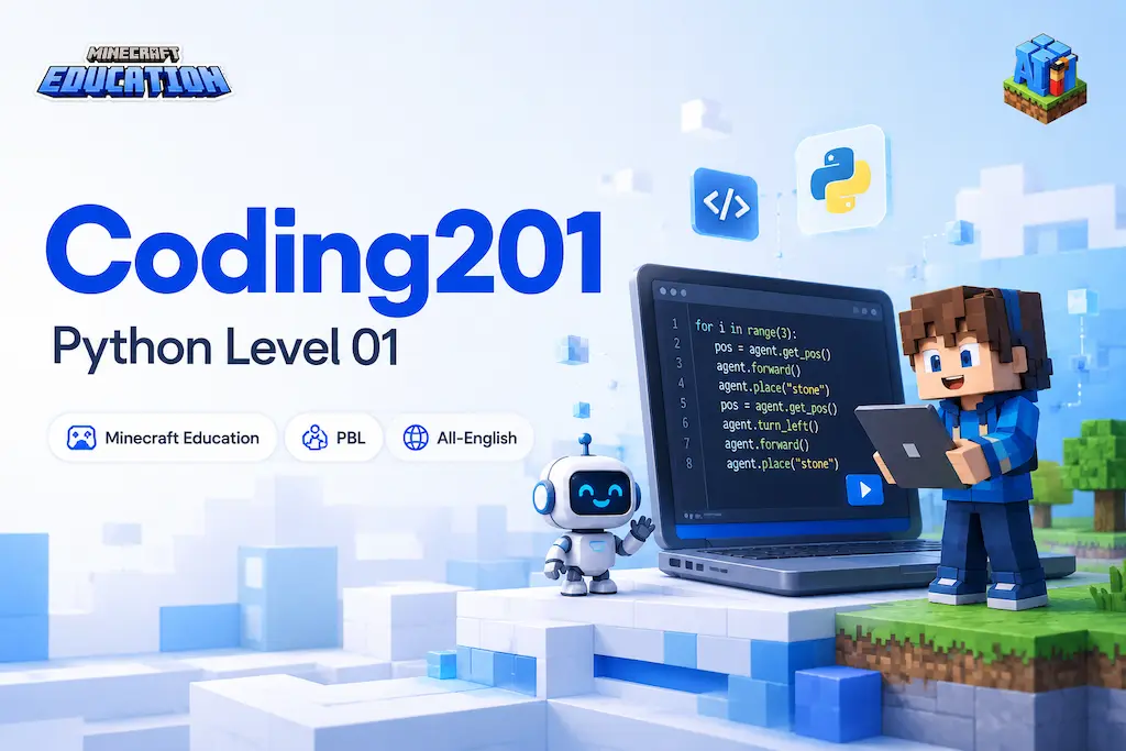 Minecraft Education Coding201 Python Level01 全英文 PBL 工业工程与战术自动化编程（高阶） 课程封面